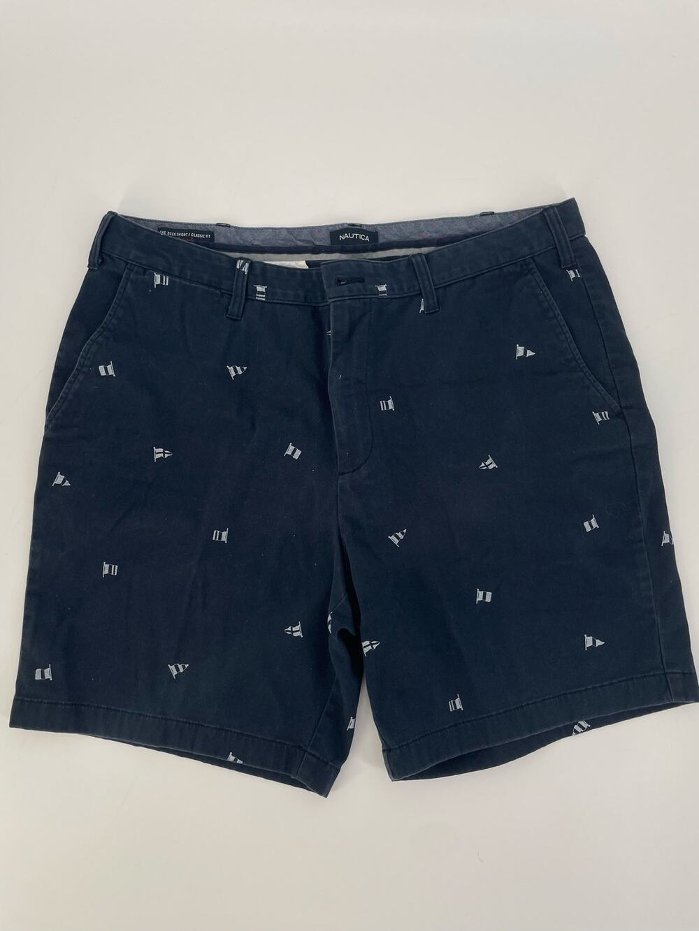 Nautica Men's Classic Fit Chino Shorts Navy Blue Embroidered Sailing Flags 38W
